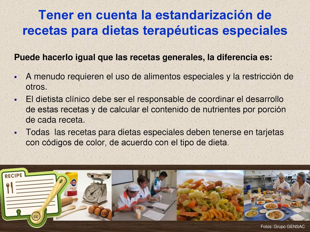 Tener en cuenta la estandarización de recetas para dietas terapéuticas especiales
