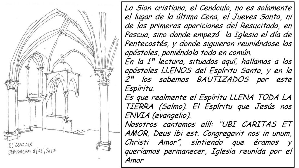 La Sion cristiana, el Cenáculo, no es solamente el lugar de la última Cena, el Jueves Santo, ni de las primeras apariciones del Resucitado, en Pascua, sino donde empezó la Iglesia el día de Pentecostés, y donde siguieron reuniéndose los apóstoles, poniéndolo todo en común.