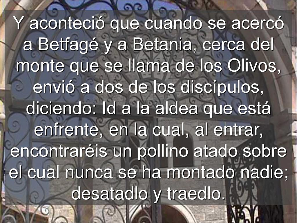 Y aconteció que cuando se acercó a Betfagé y a Betania, cerca del monte que se llama de los Olivos, envió a dos de los discípulos, diciendo: Id a la aldea que está enfrente, en la cual, al entrar, encontraréis un pollino atado sobre el cual nunca se ha montado nadie; desatadlo y traedlo.