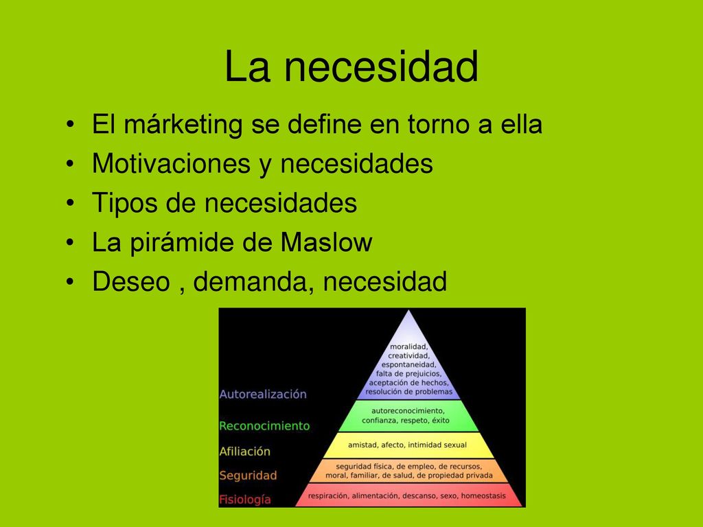 La necesidad El márketing se define en torno a ella
