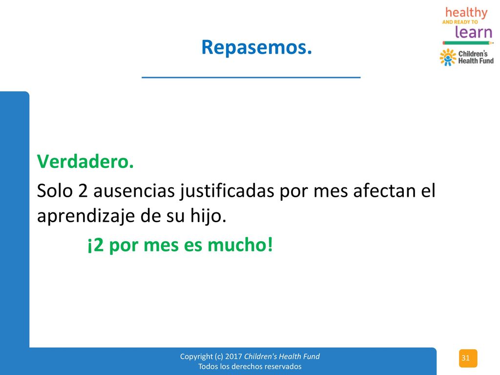 Repasemos. Verdadero. Solo 2 ausencias justificadas por mes afectan el aprendizaje de su hijo.