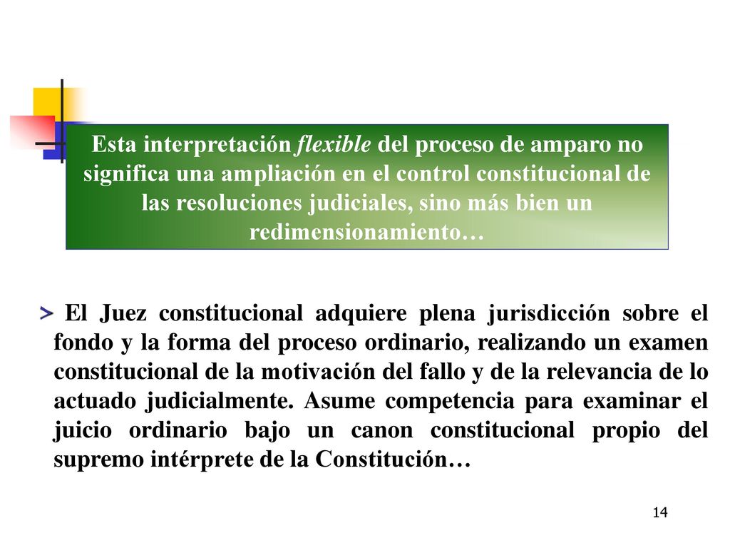 Esta interpretación flexible del proceso de amparo no significa una ampliación en el control constitucional de las resoluciones judiciales, sino más bien un redimensionamiento…