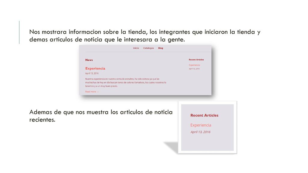 Nos mostrara informacion sobre la tienda, los integrantes que iniciaron la tienda y demas articulos de noticia que le interesara a la gente.
