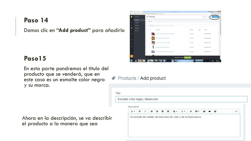 Paso 14 Paso15 Damos clic en Add product para añadirlo