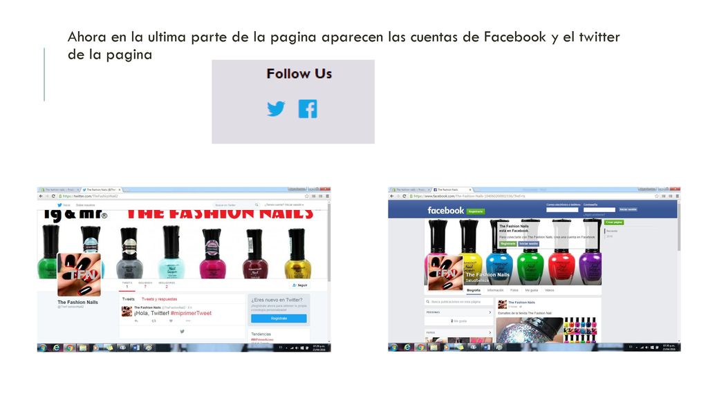 Ahora en la ultima parte de la pagina aparecen las cuentas de Facebook y el twitter de la pagina