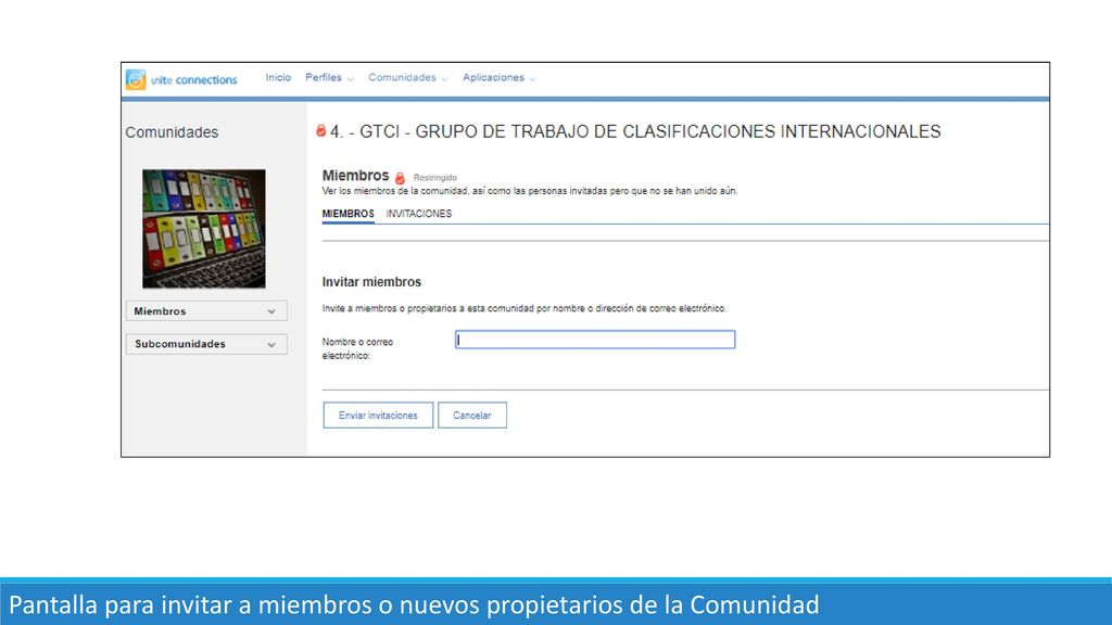 Pantalla para invitar a miembros o nuevos propietarios de la Comunidad