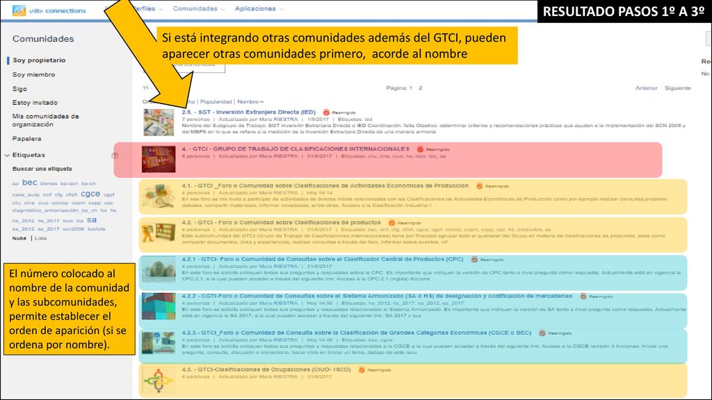 RESULTADO PASOS 1º A 3º Si está integrando otras comunidades además del GTCI, pueden aparecer otras comunidades primero, acorde al nombre.