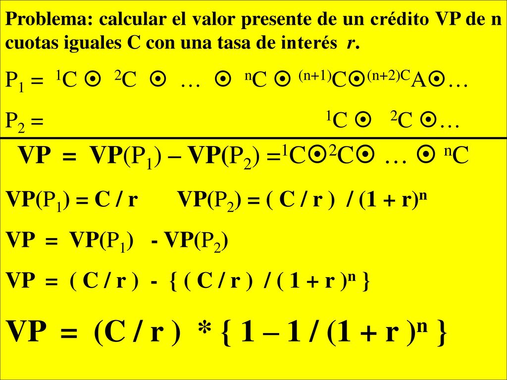 Problema: calcular el valor presente de un crédito VP de n cuotas iguales C con una tasa de interés r.