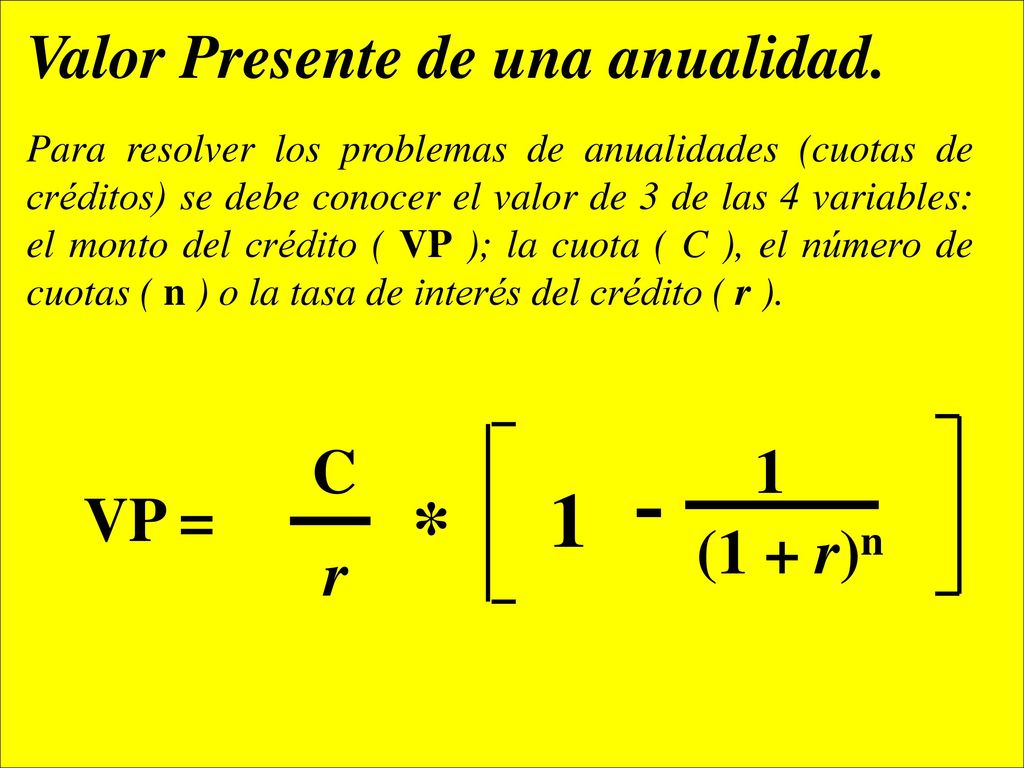 * Valor Presente de una anualidad. C r (1 + r)n 1 VP =