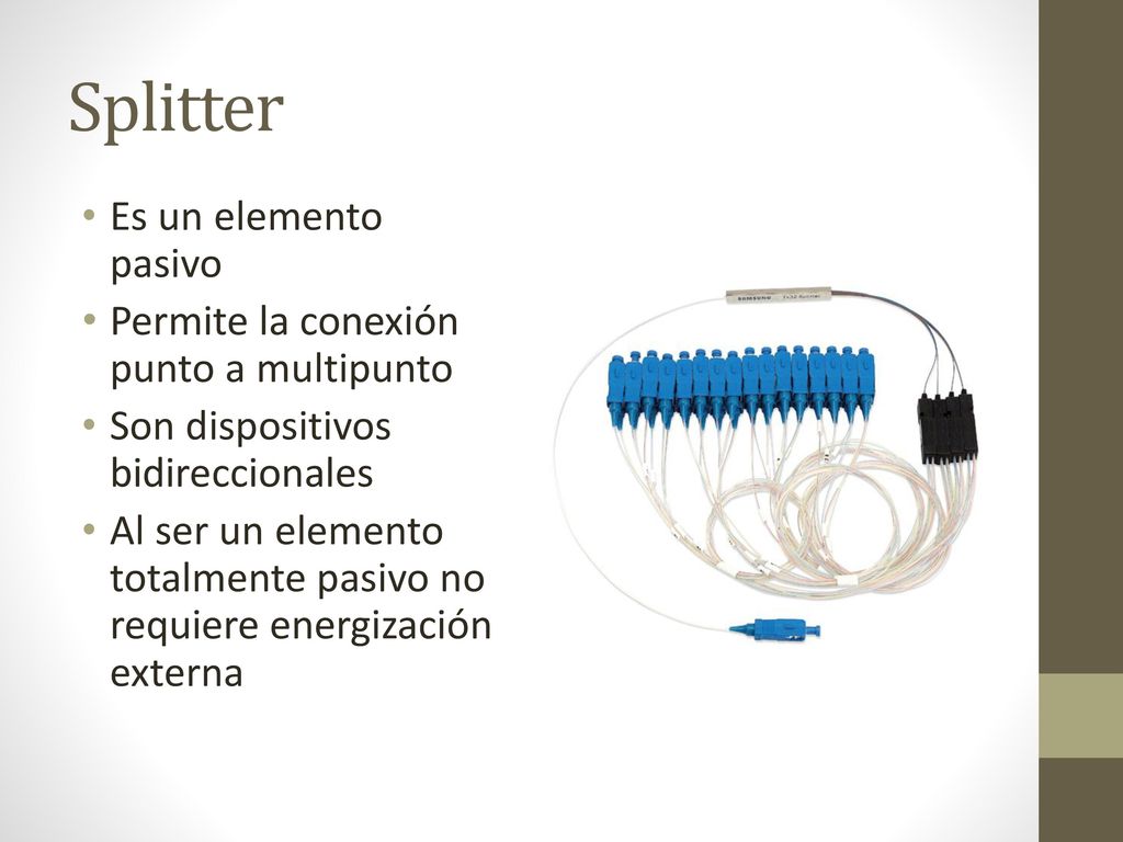 Splitter Es un elemento pasivo Permite la conexión punto a multipunto
