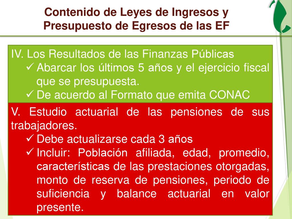 Contenido de Leyes de Ingresos y Presupuesto de Egresos de las EF