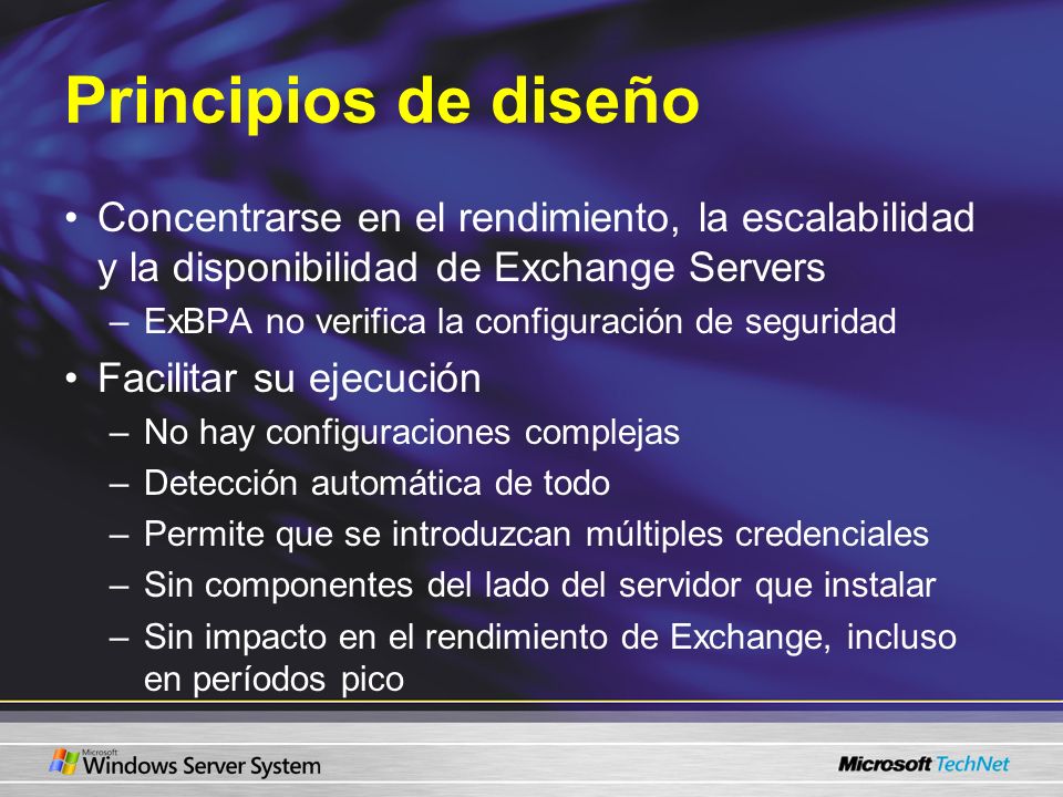 Principios de diseño Concentrarse en el rendimiento, la escalabilidad y la disponibilidad de Exchange Servers.