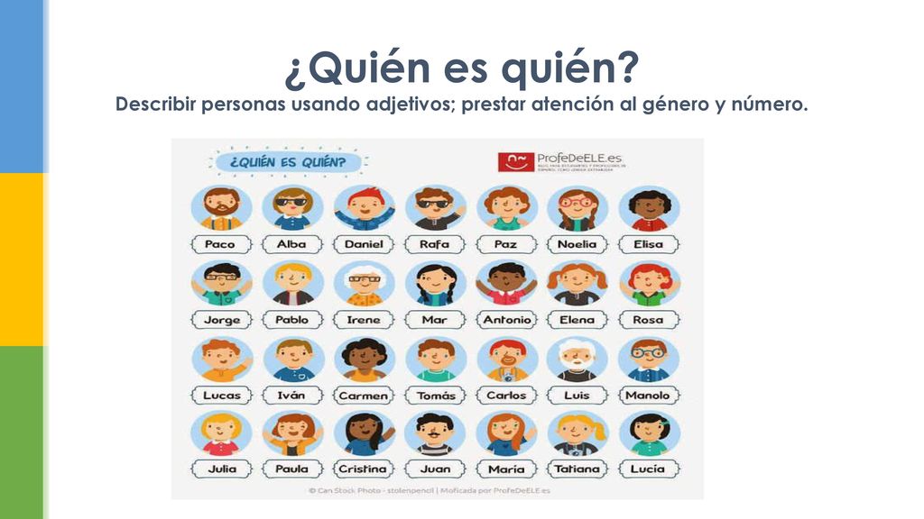 ¿Quién es quién Describir personas usando adjetivos; prestar atención al género y número.