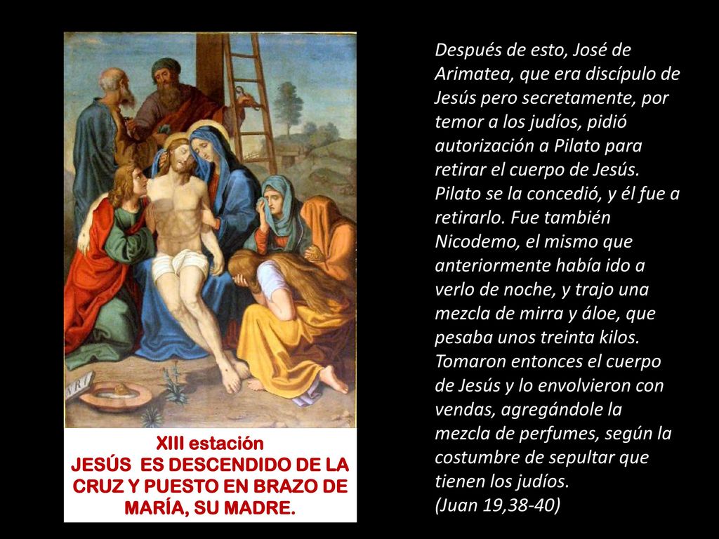 JESÚS ES DESCENDIDO DE LA CRUZ Y PUESTO EN BRAZO DE MARÍA, SU MADRE.