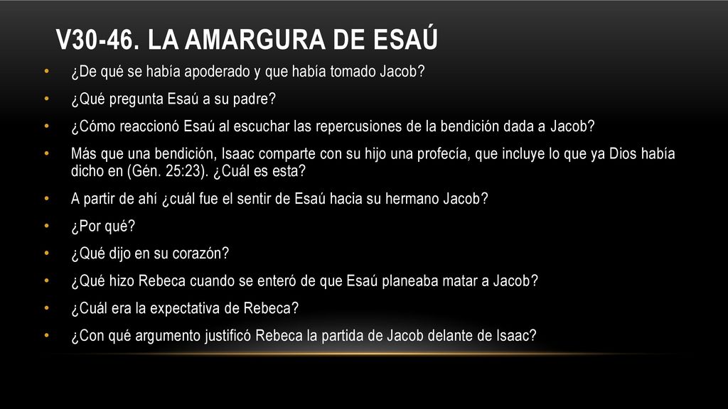 V La amargura de Esaú ¿De qué se había apoderado y que había tomado Jacob ¿Qué pregunta Esaú a su padre
