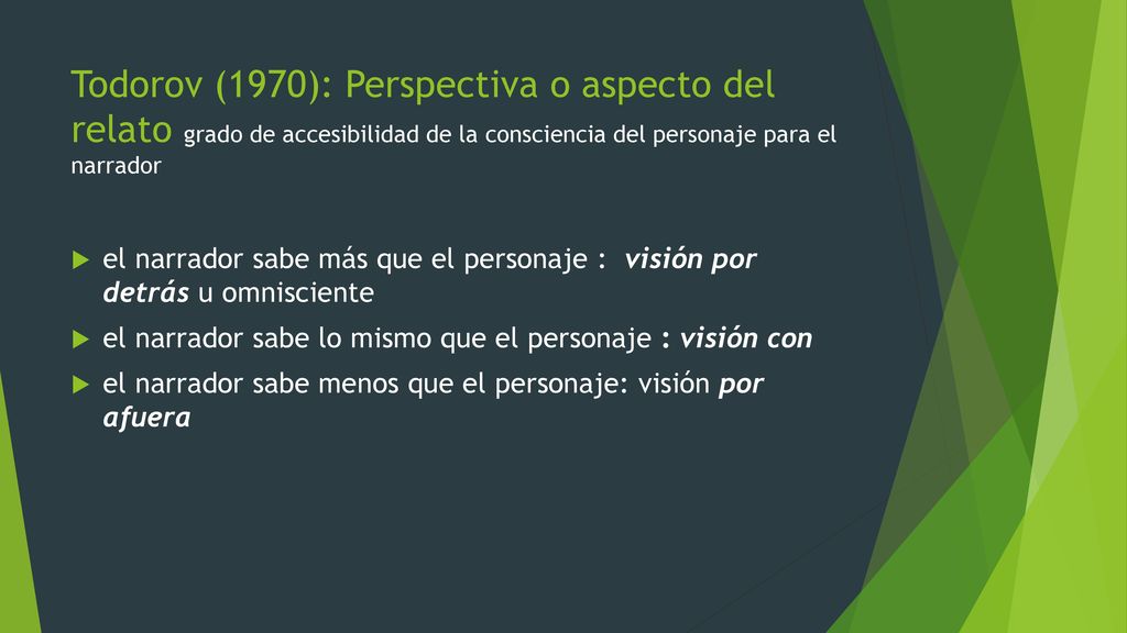 Todorov (1970): Perspectiva o aspecto del relato grado de accesibilidad de la consciencia del personaje para el narrador
