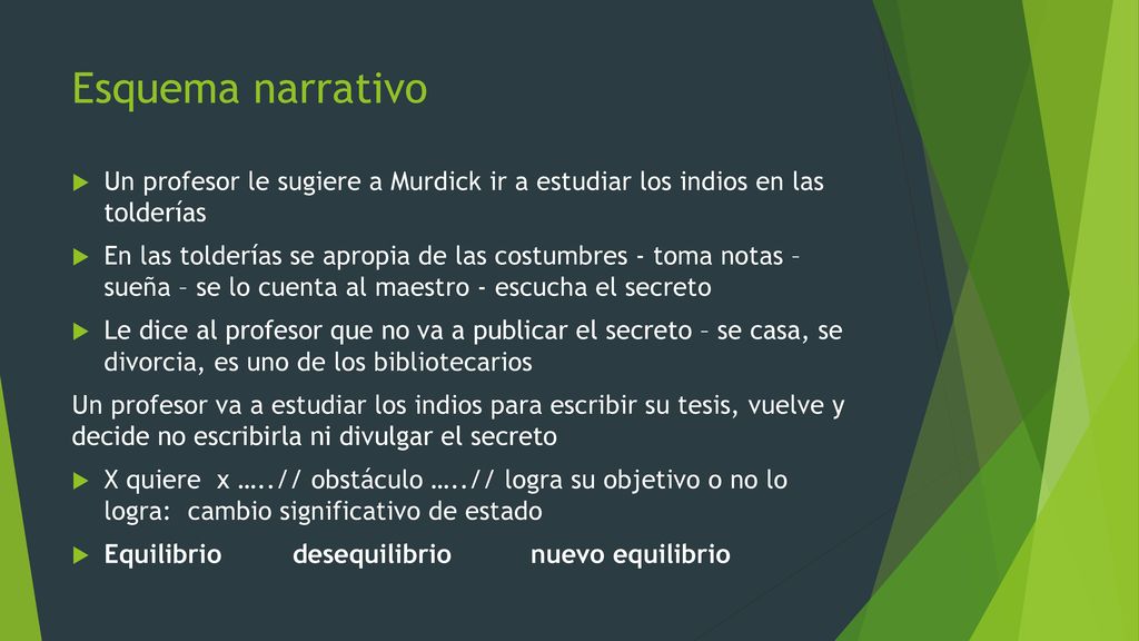 Esquema narrativo Un profesor le sugiere a Murdick ir a estudiar los indios en las tolderías.