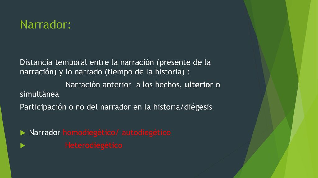 Narrador: Distancia temporal entre la narración (presente de la narración) y lo narrado (tiempo de la historia) :