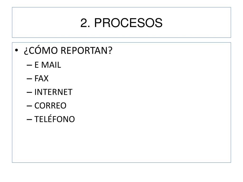 2. PROCESOS ¿CÓMO REPORTAN E MAIL FAX INTERNET CORREO TELÉFONO