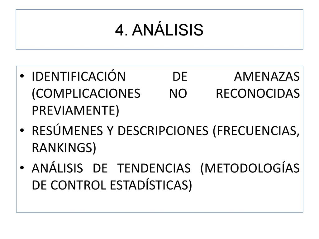 4. ANÁLISIS IDENTIFICACIÓN DE AMENAZAS (COMPLICACIONES NO RECONOCIDAS PREVIAMENTE) RESÚMENES Y DESCRIPCIONES (FRECUENCIAS, RANKINGS)