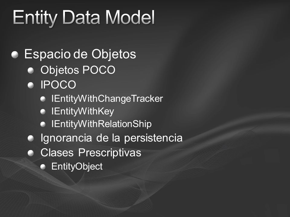 Entity Data Model Espacio de Objetos Objetos POCO IPOCO