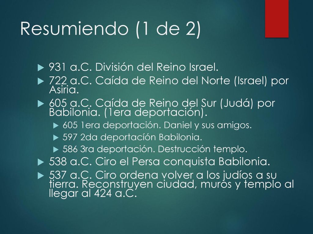 Resumiendo (1 de 2) 931 a.C. División del Reino Israel.