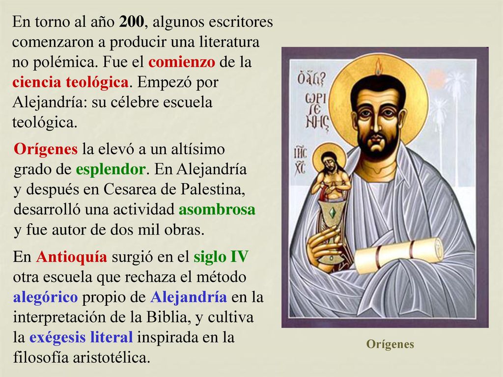 En torno al año 200, algunos escritores comenzaron a producir una literatura no polémica. Fue el comienzo de la ciencia teológica. Empezó por Alejandría: su célebre escuela teológica.
