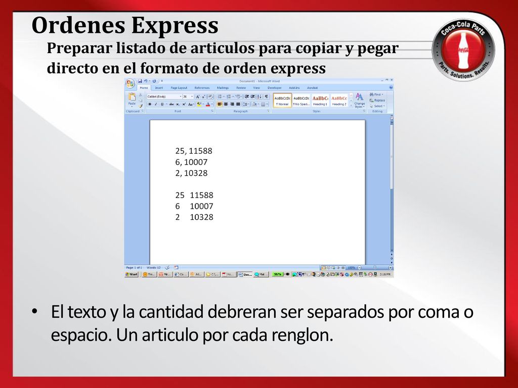 Ordenes Express Preparar listado de articulos para copiar y pegar directo en el formato de orden express