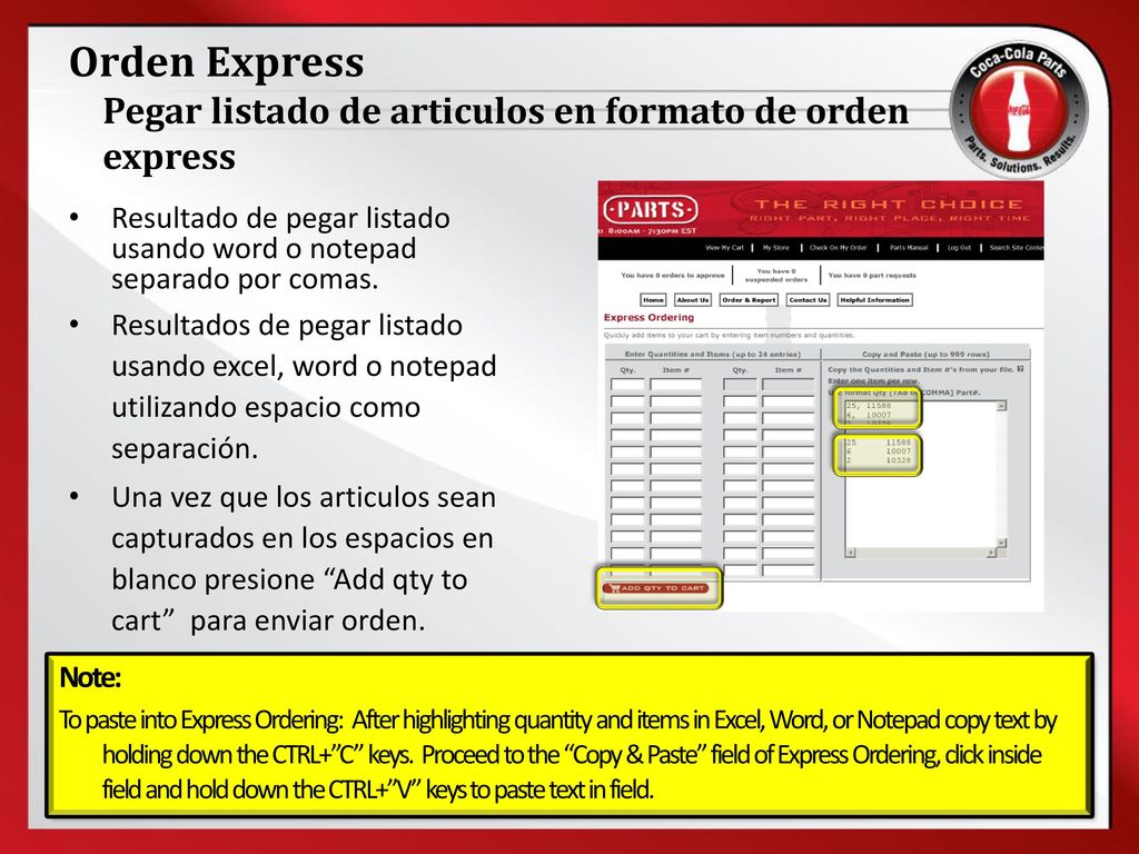 Orden Express Pegar listado de articulos en formato de orden express