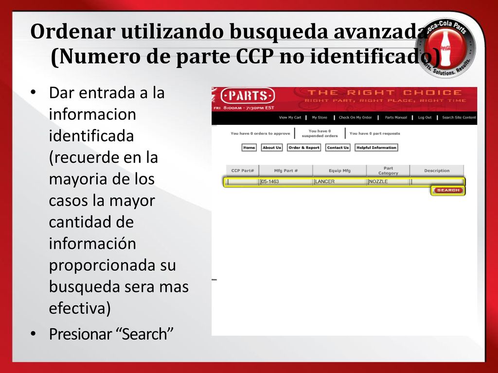 Ordenar utilizando busqueda avanzada (Numero de parte CCP no identificado)