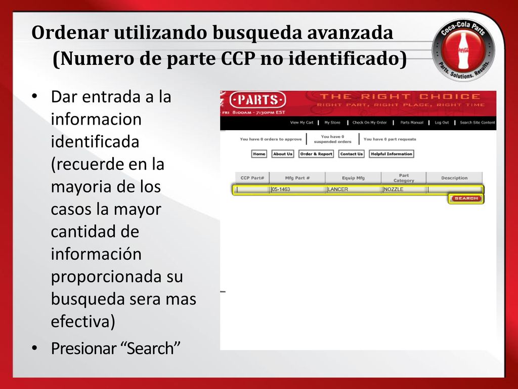 Ordenar utilizando busqueda avanzada (Numero de parte CCP no identificado)