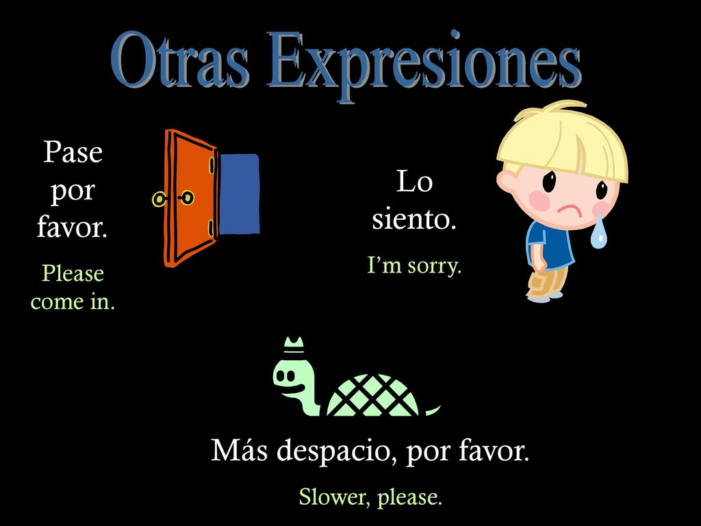 Otras Expresiones Pase por favor. Lo siento. Más despacio, por favor.