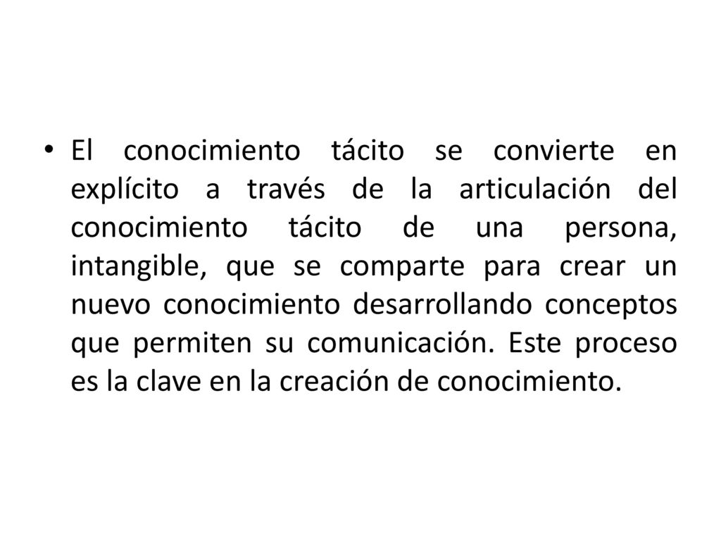 El conocimiento tácito se convierte en explícito a través de la articulación del conocimiento tácito de una persona, intangible, que se comparte para crear un nuevo conocimiento desarrollando conceptos que permiten su comunicación.