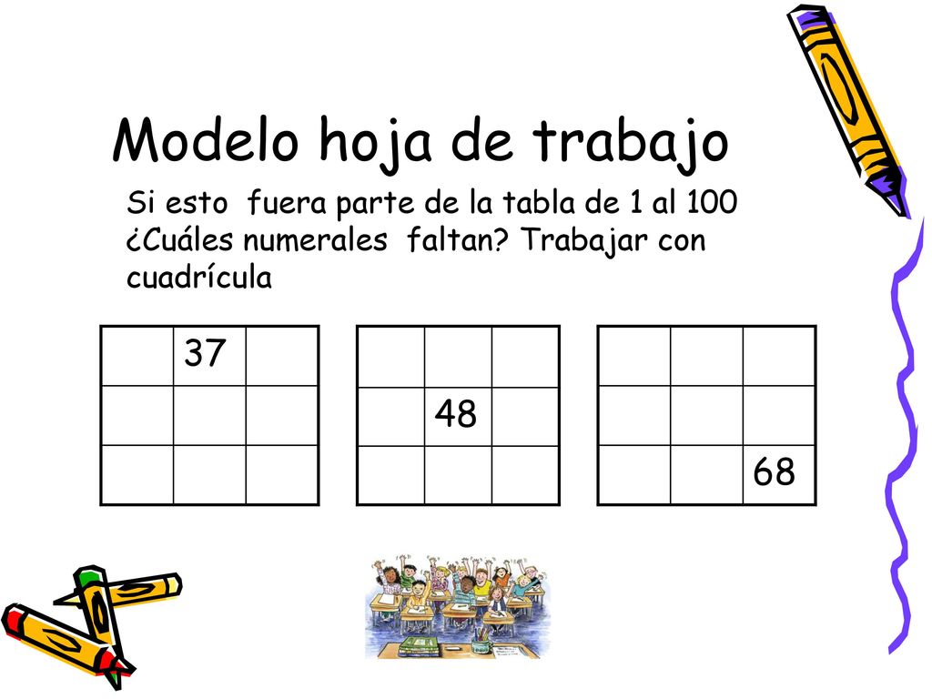 Modelo hoja de trabajo Si esto fuera parte de la tabla de 1 al 100. ¿Cuáles numerales faltan Trabajar con cuadrícula.