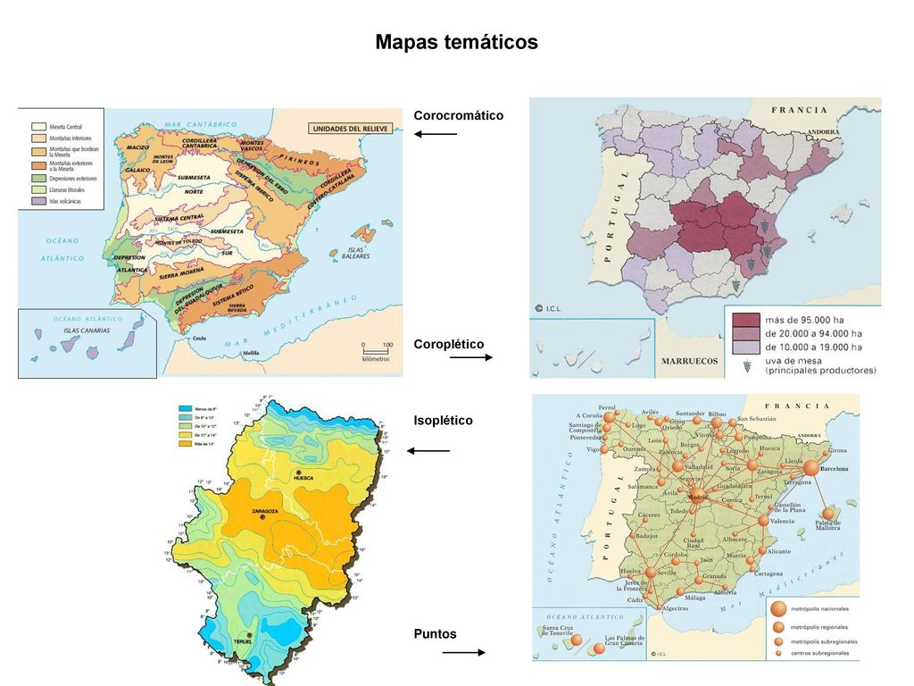 Mapas temáticos Corocromático Coroplético Isoplético Puntos
