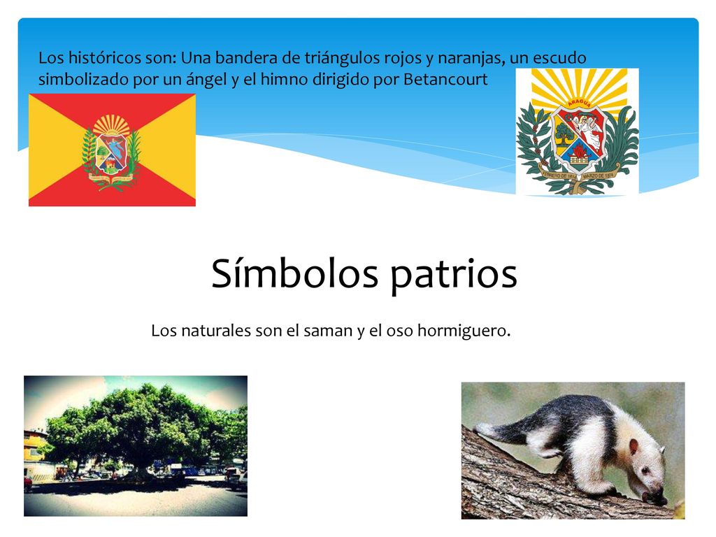 Los históricos son: Una bandera de triángulos rojos y naranjas, un escudo simbolizado por un ángel y el himno dirigido por Betancourt