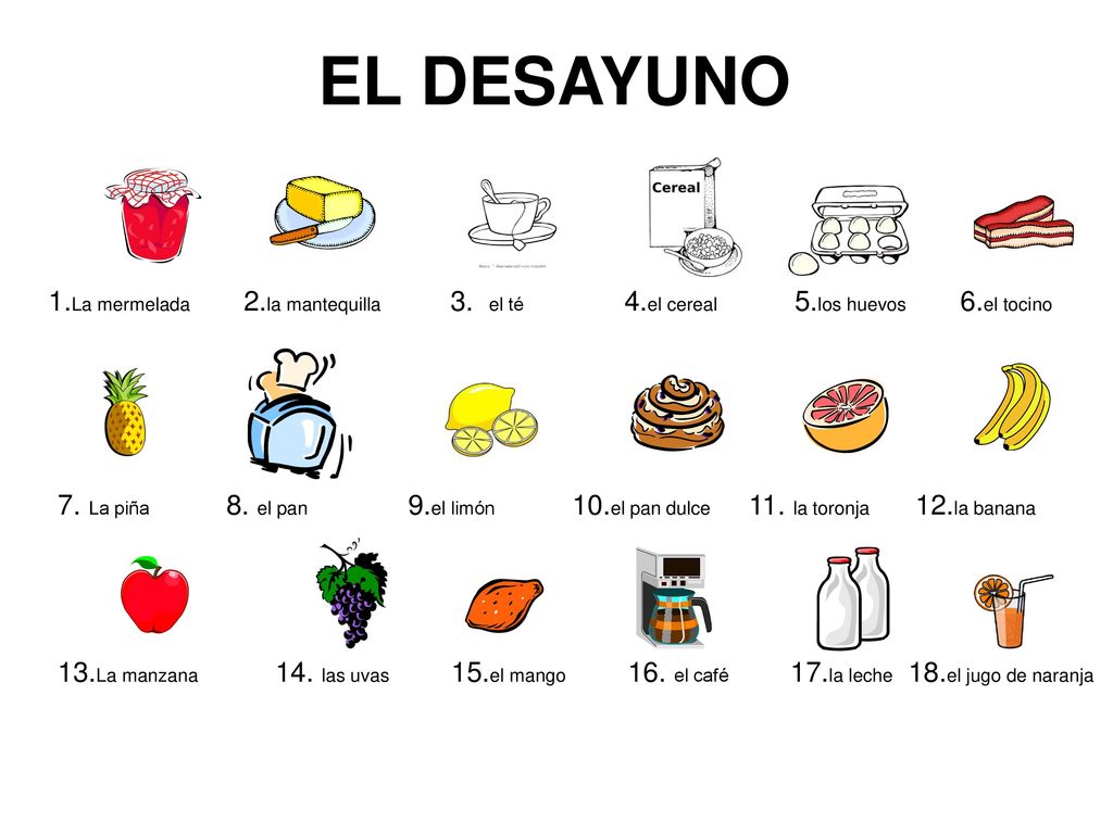 EL DESAYUNO 1.La mermelada 2.la mantequilla 3. el té 4.el cereal 5.los huevos 6.el tocino.