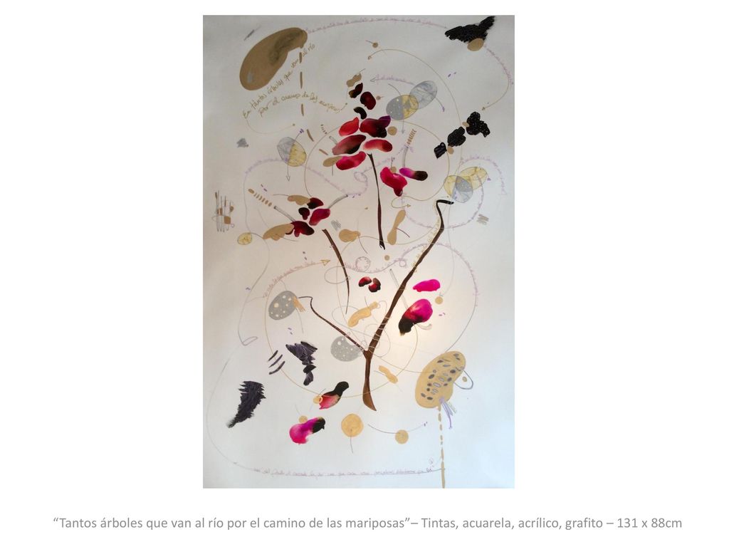 Tantos árboles que van al río por el camino de las mariposas – Tintas, acuarela, acrílico, grafito – 131 x 88cm