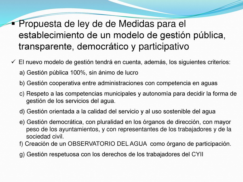 Propuesta de ley de de Medidas para el establecimiento de un modelo de gestión pública, transparente, democrático y participativo