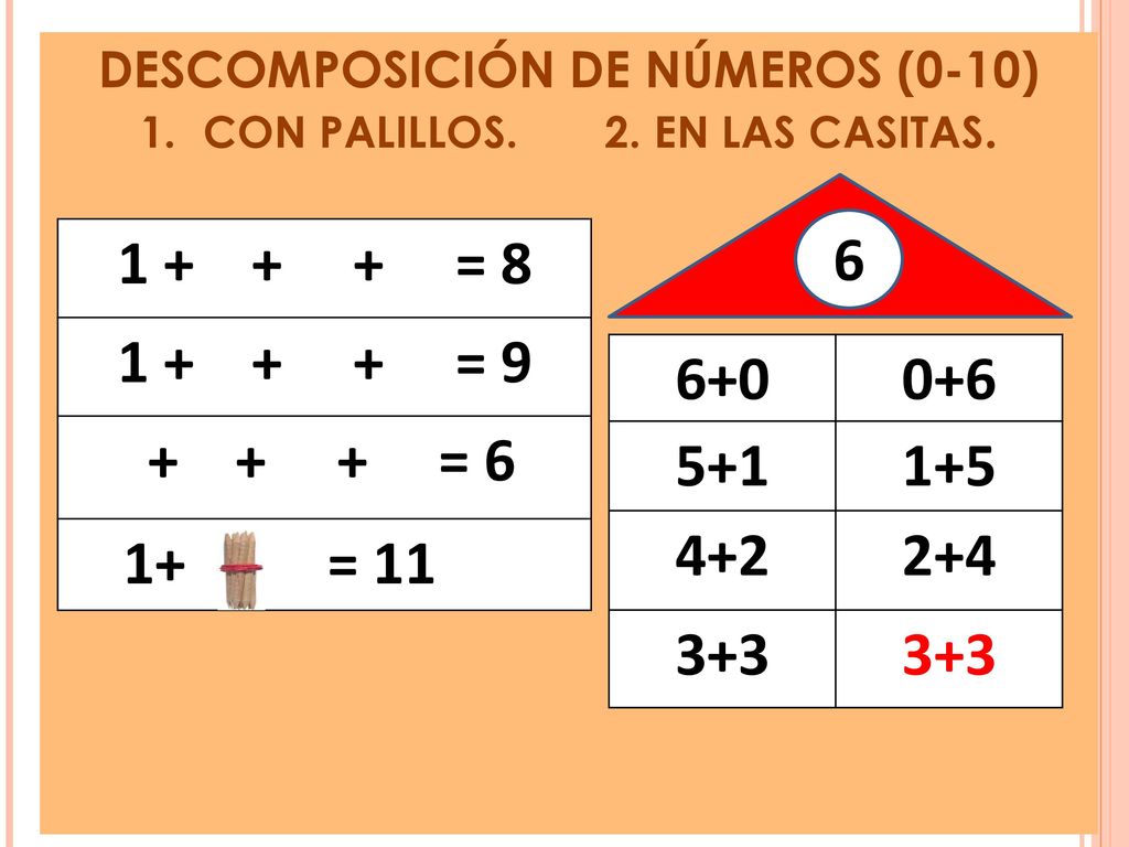 DESCOMPOSICIÓN DE NÚMEROS (0-10) CON PALILLOS. 2. EN LAS CASITAS.