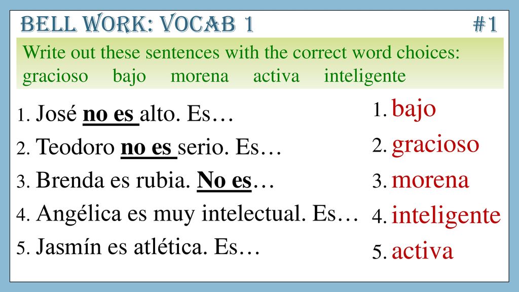 bajo gracioso morena inteligente activa Bell work: Vocab 1 #1