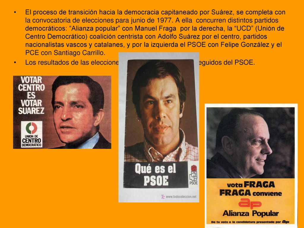 El proceso de transición hacia la democracia capitaneado por Suárez, se completa con la convocatoria de elecciones para junio de A ella concurren distintos partidos democráticos: Alianza popular con Manuel Fraga por la derecha, la UCD (Unión de Centro Democrático) coalición centrista con Adolfo Suárez por el centro, partidos nacionalistas vascos y catalanes, y por la izquierda el PSOE con Felipe González y el PCE con Santiago Carrillo.