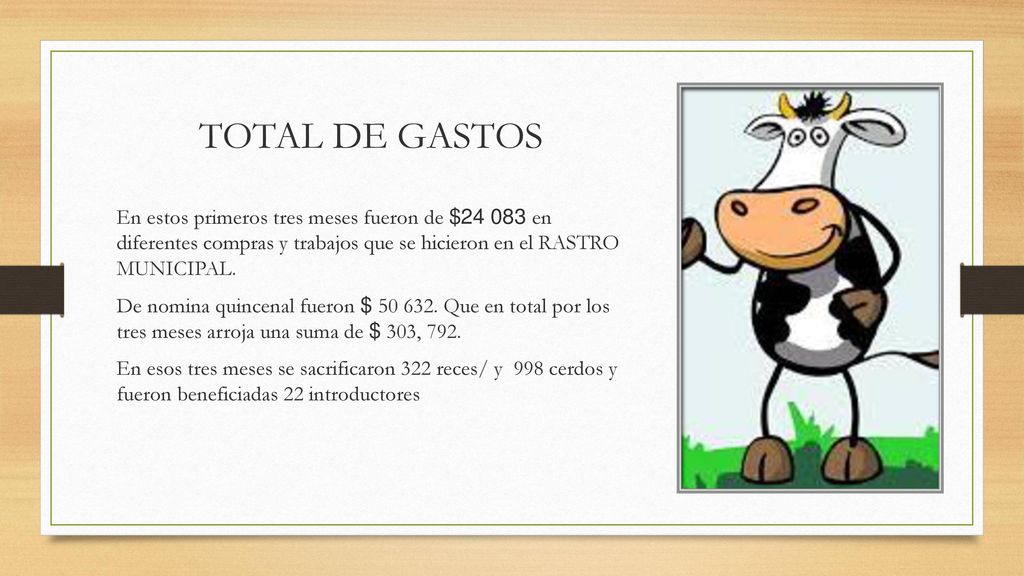 TOTAL DE GASTOS En estos primeros tres meses fueron de $ en diferentes compras y trabajos que se hicieron en el RASTRO MUNICIPAL.