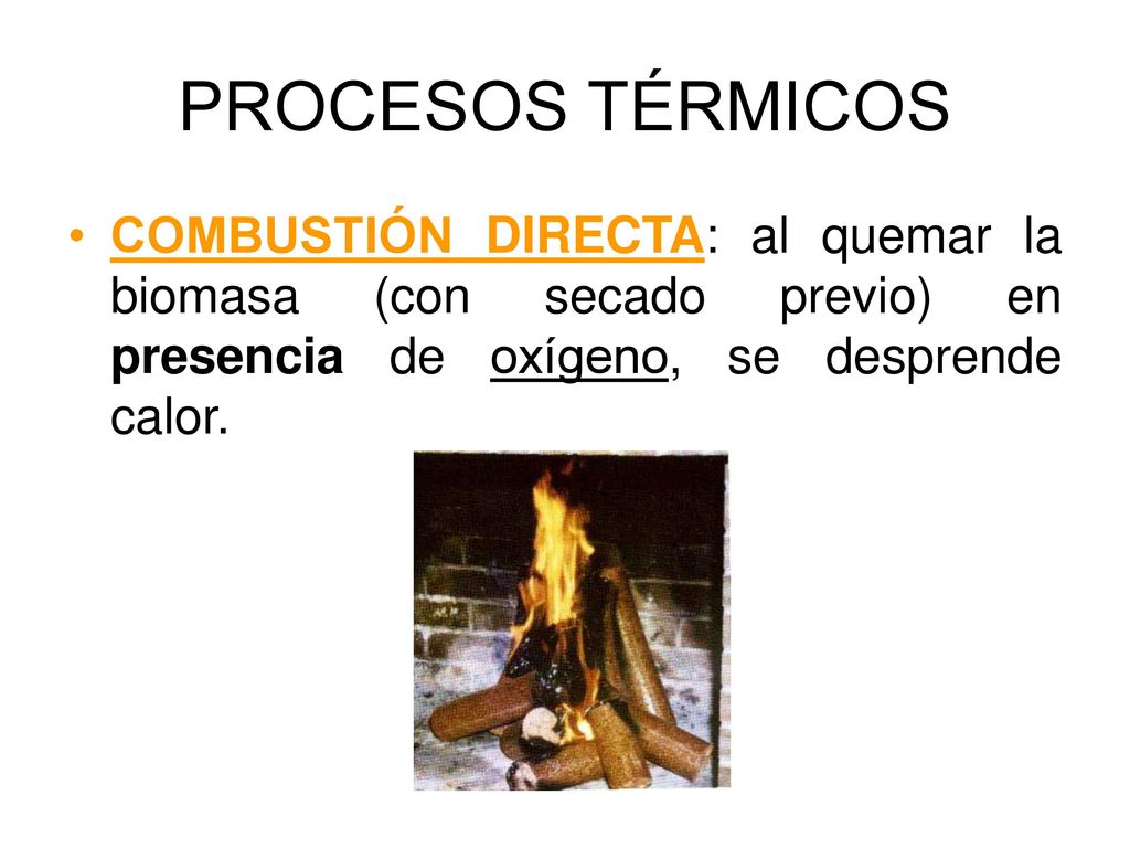 PROCESOS TÉRMICOS COMBUSTIÓN DIRECTA: al quemar la biomasa (con secado previo) en presencia de oxígeno, se desprende calor.