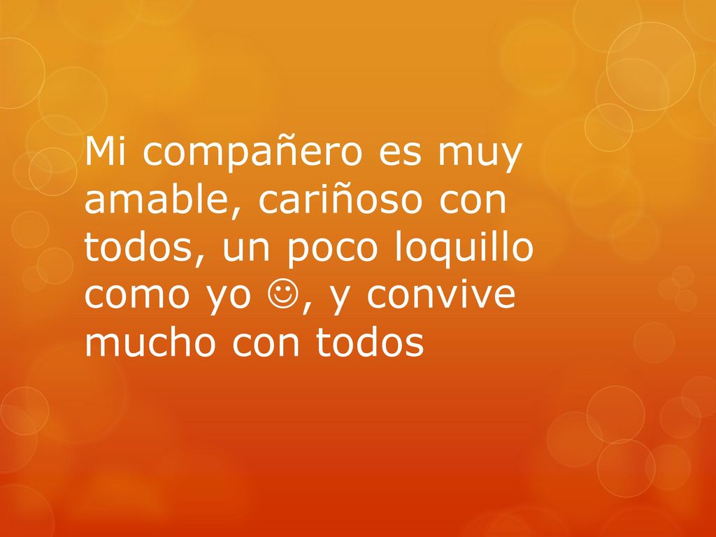 Mi compañero es muy amable, cariñoso con todos, un poco loquillo como yo , y convive mucho con todos