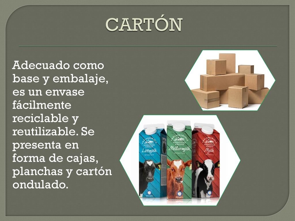 CARTÓN Adecuado como base y embalaje, es un envase fácilmente reciclable y reutilizable.