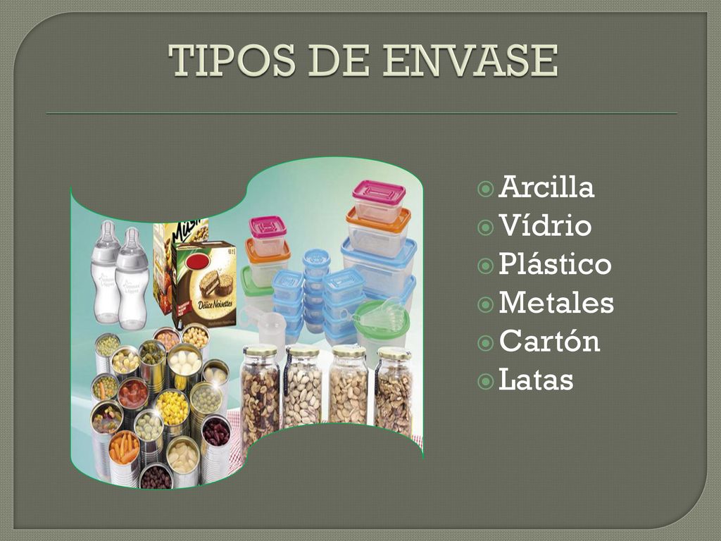 TIPOS DE ENVASE Arcilla Vídrio Plástico Metales Cartón Latas