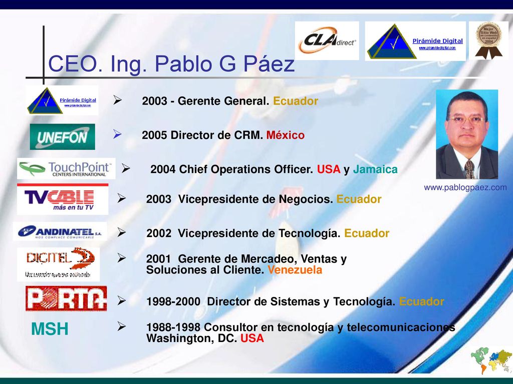 CEO. Ing. Pablo G Páez MSH Gerente General. Ecuador