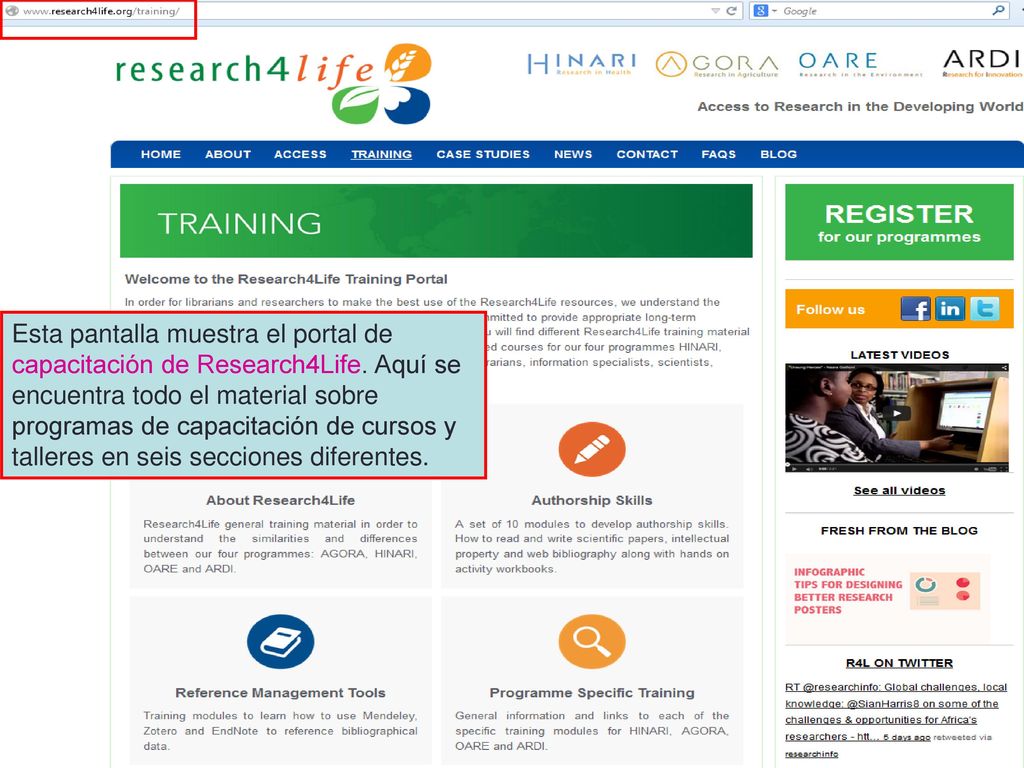 Esta pantalla muestra el portal de capacitación de Research4Life