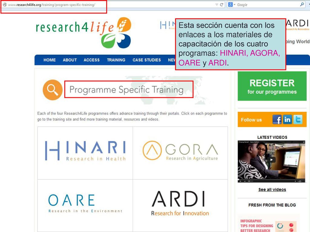 Esta sección cuenta con los enlaces a los materiales de capacitación de los cuatro programas: HINARI, AGORA, OARE y ARDI.